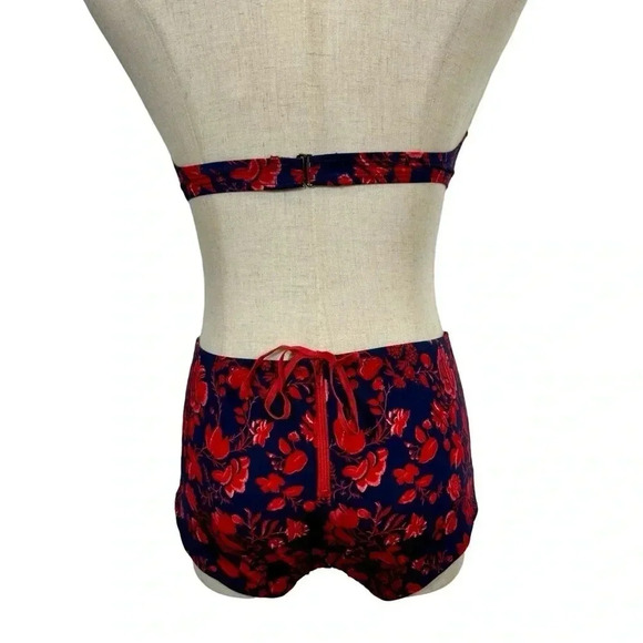 Pret-a-Surf Retro Halter Two Piece Bikini Bathing Suit in Red Blue Floral Toile - Picture 9 of 11